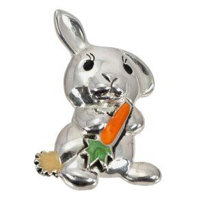 925 Sterling Silver Cute Bunny Rabbit w Carrot Vintage Pin Brooch, Easter Bunny